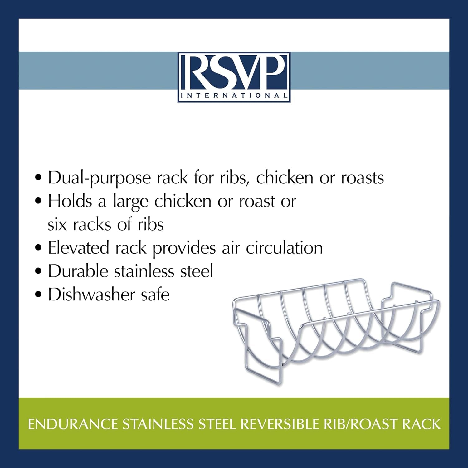 RSVP International Kitchen Roasting Pan Collection Durable Dishwasher Safe Stainless Steel. Reversible Rib/Roast Rack. 15.75X9.75X5.25 - Image 6