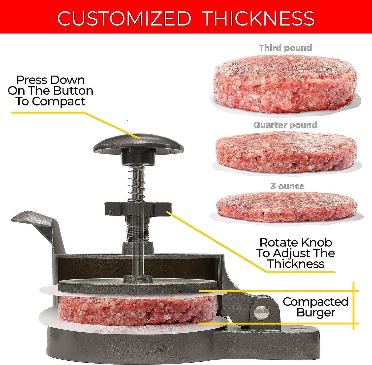 Shop Square Hamburger Press Patty Maker - Adjustable 1/4Lb to 3/4Lb Burger Press Patty Maker with Patty Ejector - Adjustable Thickness for Burgers. Crab Cakes. and Sausage - Patty Paper Included - Image 3