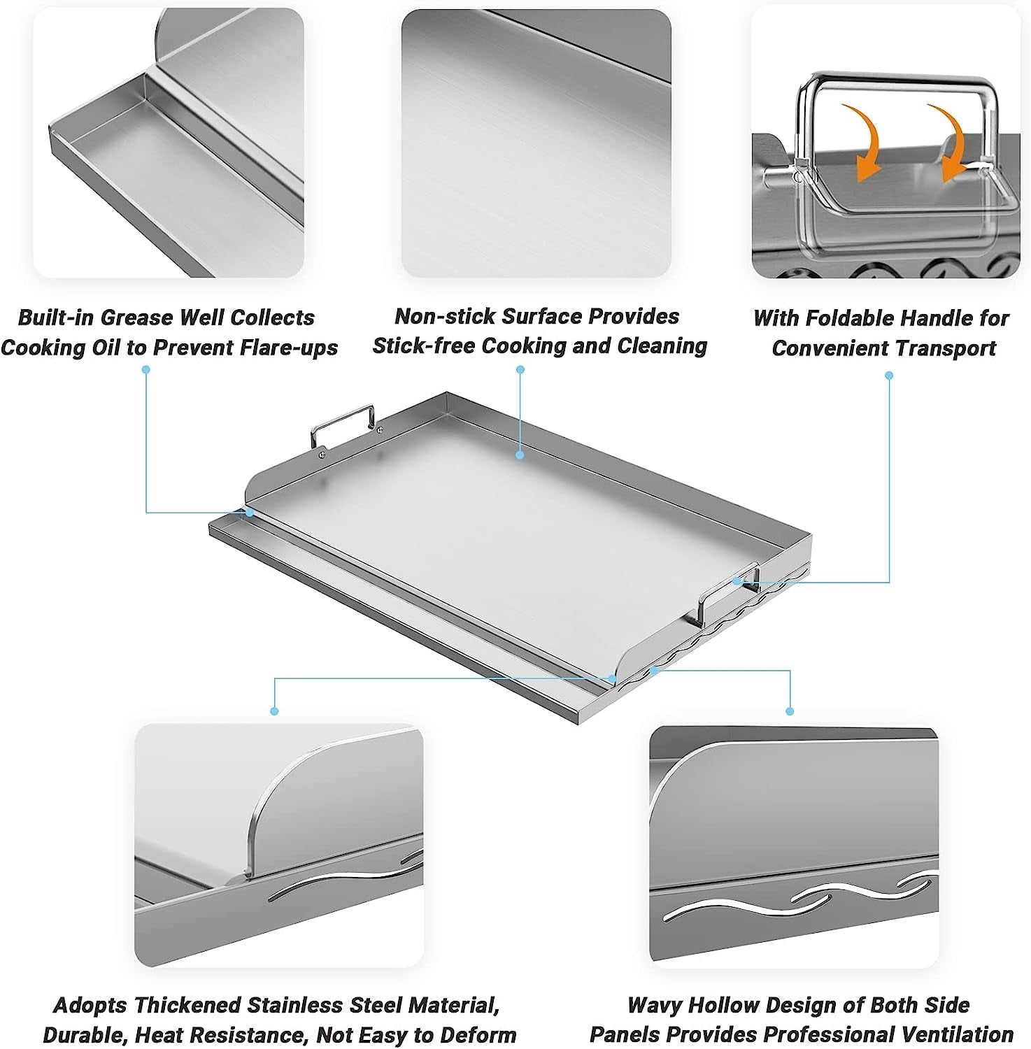 Universal Stainless Steel Griddle Plate with Even Heating Bracing for BBQ Charcoal/Gas Grills. 23 X 16 Rectangular Hibachi Flat Top Griddle for Indoor/Outdoor Cooking - Image 3