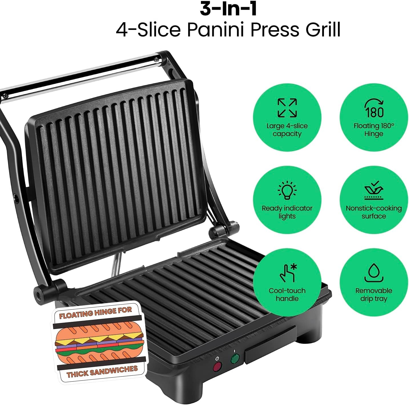 Chefman Panini Press Grill and Gourmet Sandwich Maker Non-Stick Coated Plates. Opens 180 Degrees to Fit Any Type or Size of Food. Stainless Steel Surface and Removable Drip Tray. 4 Slice. Black - Image 2
