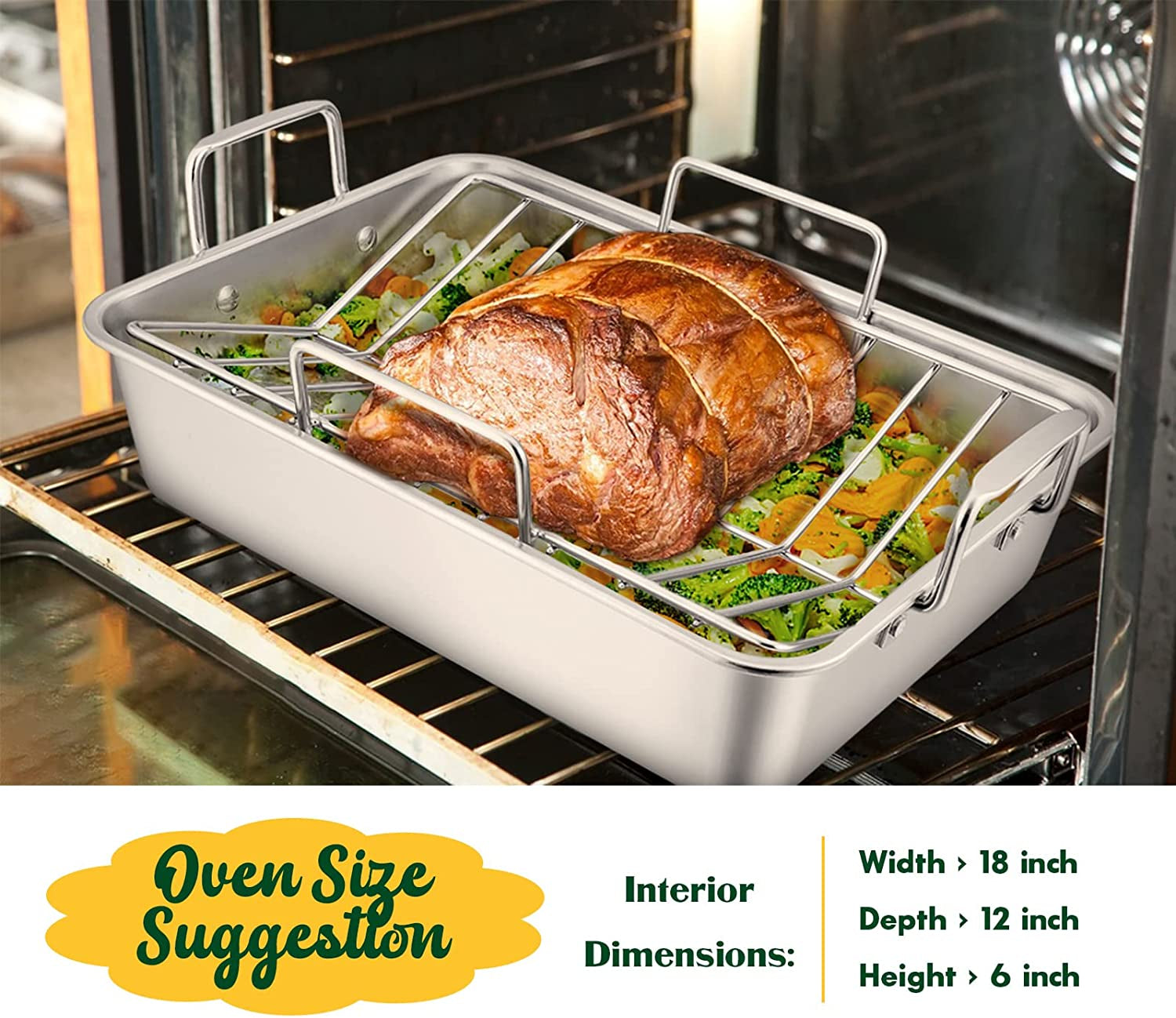Roasting Pan. E-Far 16 X 11.5 Inch Stainless Steel Turkey Roaster with Rack - Deep Broiling Pan & V-Shaped Rack & Flat Rack. Non-Toxic & Heavy Duty. Easy Clean & Dishwasher Safe - Large - Image 7