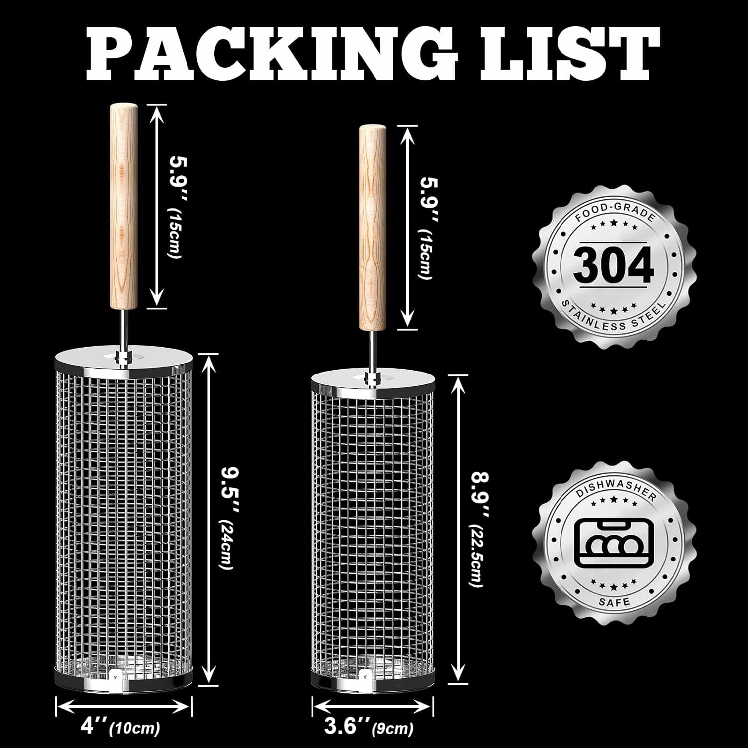 Rolling Grill Basket(2Pcs). Removable Wooden Handle. 304 Stainless Steel. Nesting Grilling Net. BBQ Accessories Tool for Vegetable Shrimp. Outdoor Cooking Camping. Birthday Gifts for Men Dad Husband - Image 2