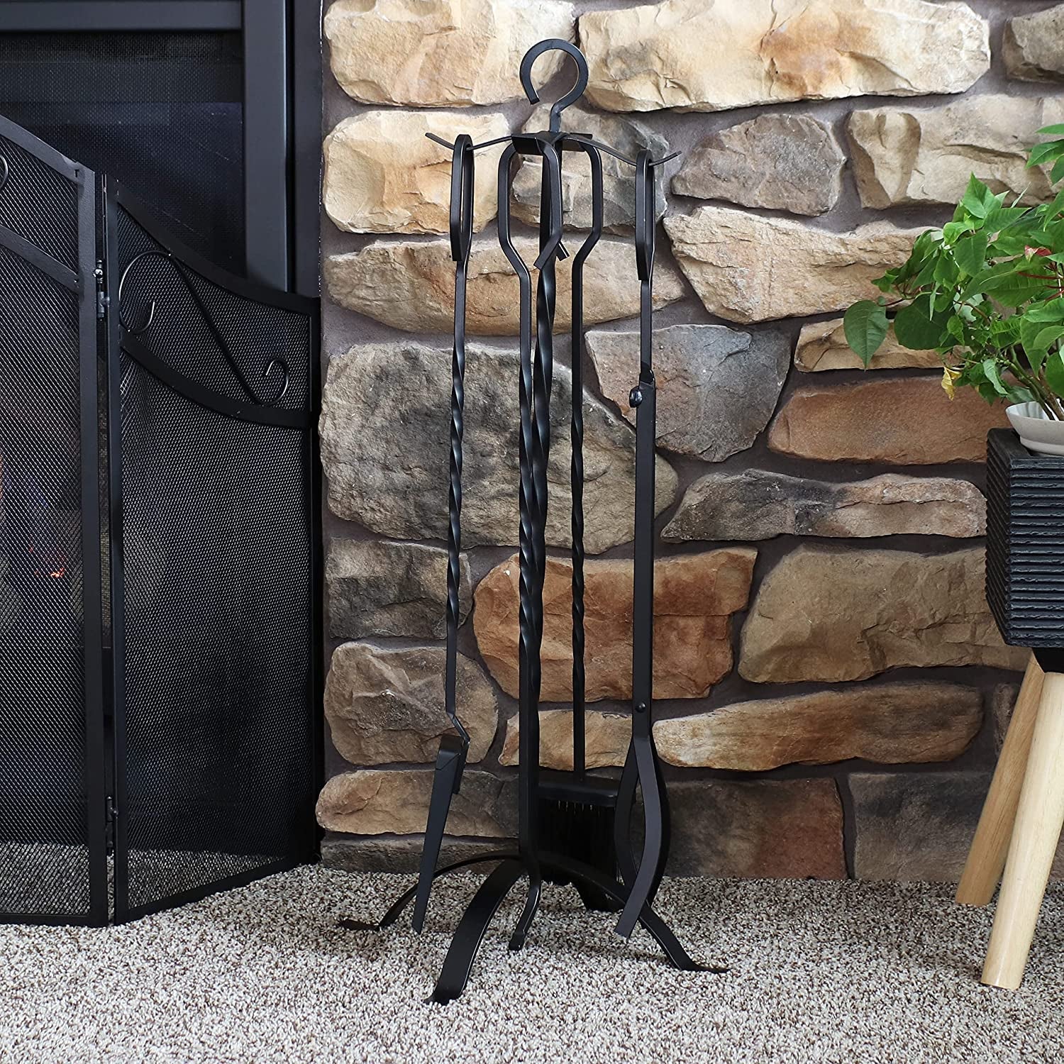 Sunnydaze 4-Piece Fireplace Tool Set with Stand - Heavy-Duty Black Steel Poker. Shovel. Log Grabber and Broom - Image 2