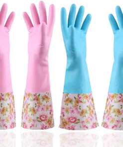 Rubber Latex Waterproof Dishwashing Gloves.2 Pair Medium Long Cuff Flock Lining Household Cleaning Gloves