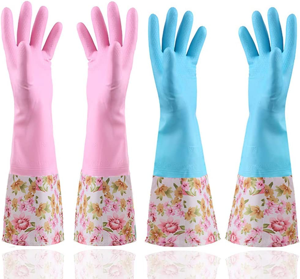 Rubber Latex Waterproof Dishwashing Gloves.2 Pair Medium Long Cuff Flock Lining Household Cleaning Gloves