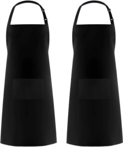 2 Pack 100% Cotton Adjustable Bib Apron with 2 Pockets Cooking Kitchen Aprons for Women Men Chef. Black