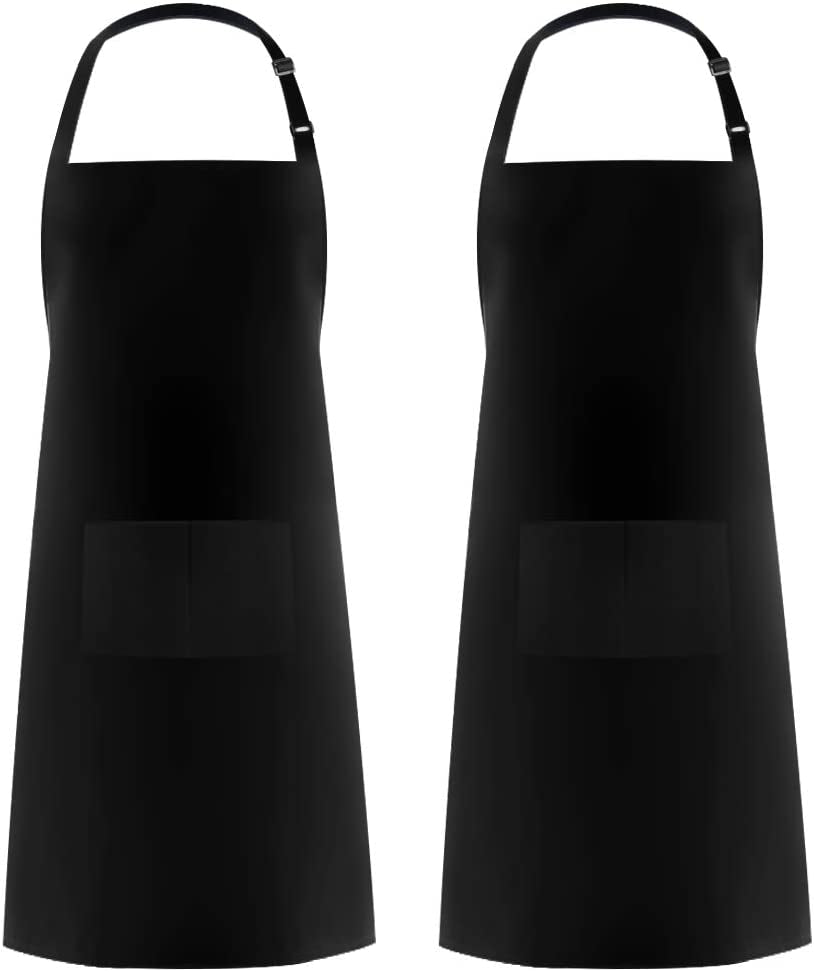 2 Pack 100% Cotton Adjustable Bib Apron with 2 Pockets Cooking Kitchen Aprons for Women Men Chef. Black
