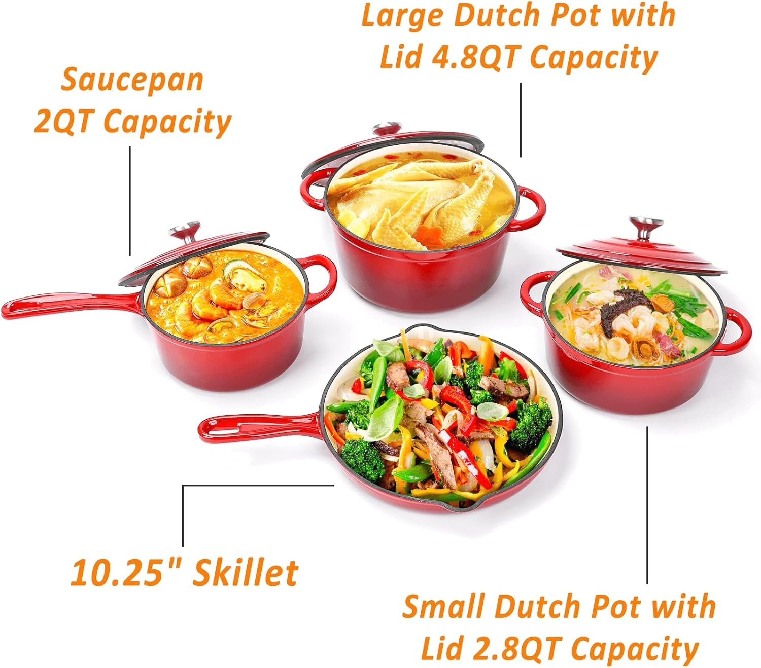Hisencn Enameled Cast Iron Cookware Set - 7 Piece Set of Dutch Ovens. Sauce Pan. Skillet. 3 Lids. Dutch Oven Set. Ceramic Coated Cast Iron. Heavy Duty. Gas/Induction Compatible. PFA Free (Rouge Red) - Image 5