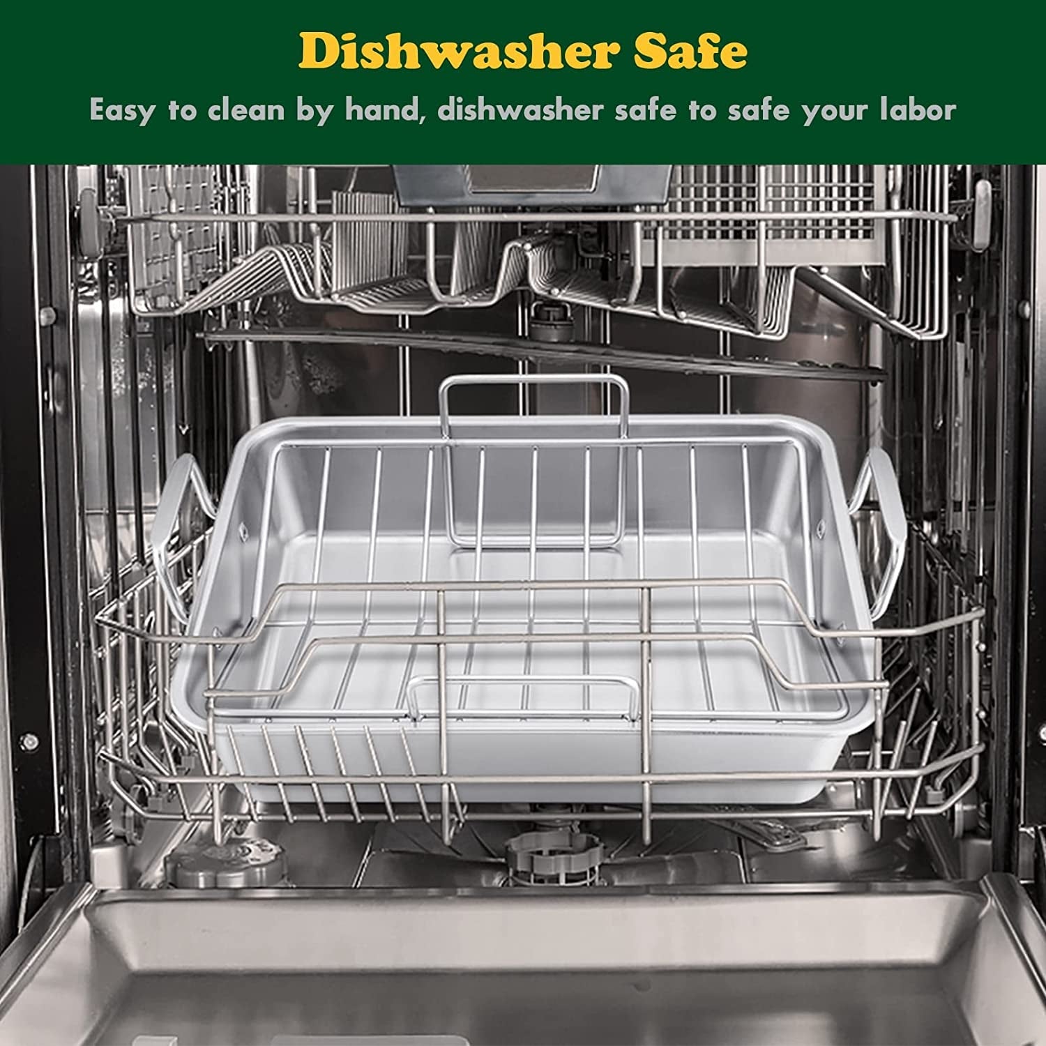 Roasting Pan. E-Far 16 X 11.5 Inch Stainless Steel Turkey Roaster with Rack - Deep Broiling Pan & V-Shaped Rack & Flat Rack. Non-Toxic & Heavy Duty. Easy Clean & Dishwasher Safe - Large - Image 9