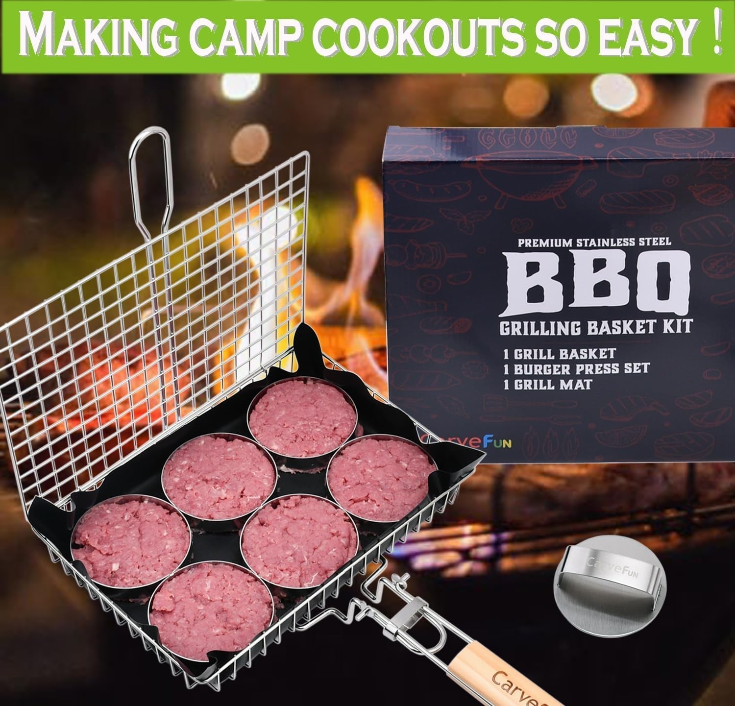 Grill Basket Stainless Steel BBQ Grilling Basket with Burger Press Set.Grill Basket for Fish.Vegetables BBQ Camping Accessories Outdoor Grilling Gifts for Men Dad Folding Grill Basket with Removable Handle - Image 2