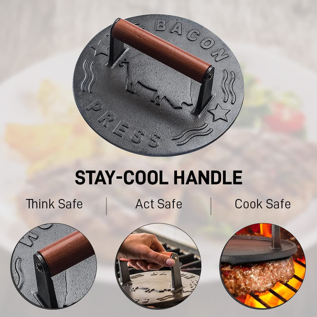 Bellemain Bacon Press 8.5-Inch round | Heavy-Duty Cast Iron Grill Press for Perfectly Seared Bacon. Steak & Sandwiches | Equalized Weight Distribution | Food-Grade Press with Wood Handle | 3 Lbs - Image 4