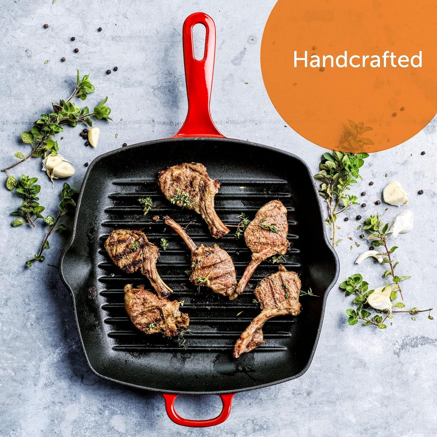 Bourgogne Enameled Cast Iron Induction Nonstick Grill Pan. PFAS Free. Dishwasher Safe. Chili Red - Image 5