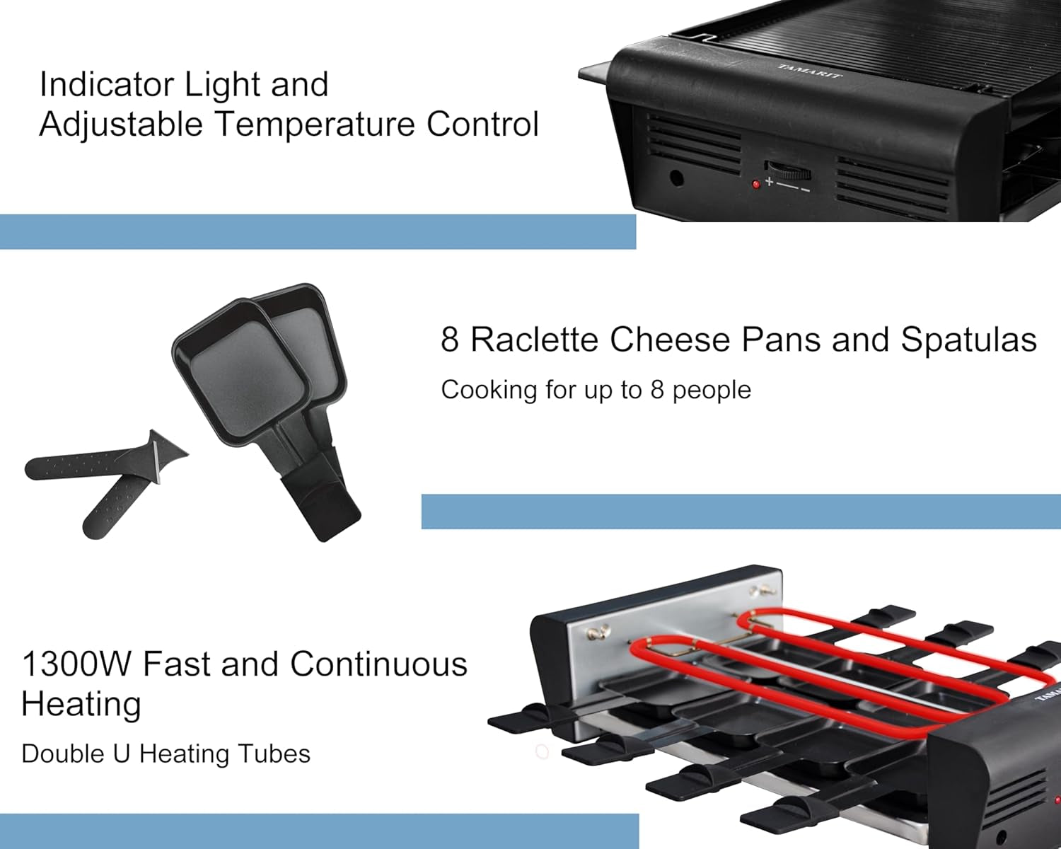 TAMARIT Raclette Table Grill for 8. 2 in 1 Raclette Grill Small Swiss Style Raclette Pfas-No Nonstick Reversible Grill/Griddle Plate Adjustable Temperature Control 1300 W. 8 Raclette Cheese Pans Black - Image 5