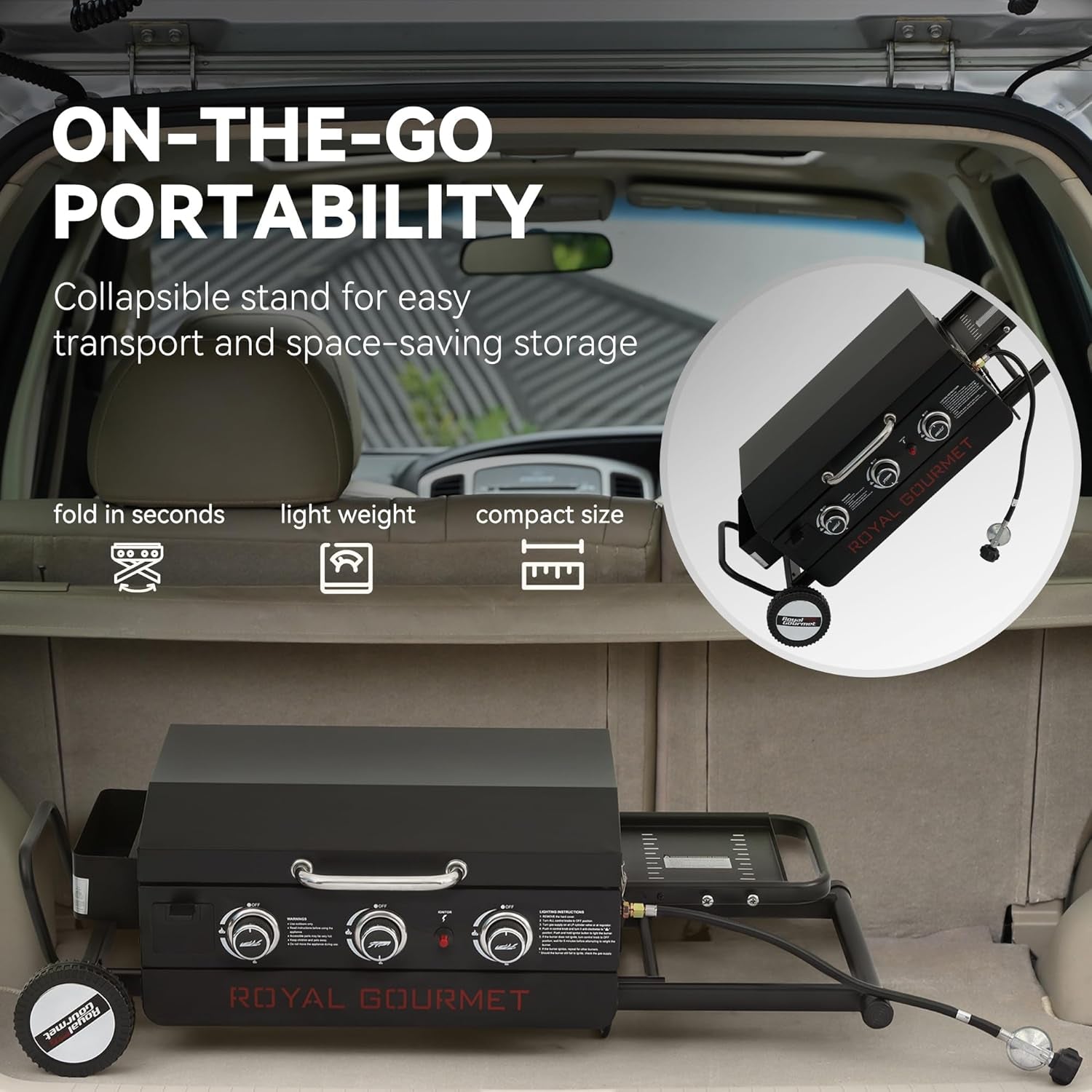 Royal Gourmet PD3001 3-Burner Propane Gas Griddle with Collapsible Stand. 23-Inch Portable Griddle with Side Table & 314 Sq. In. Cooking Area for Camping. Tailgating. Backyard & Patio. Black - Image 4