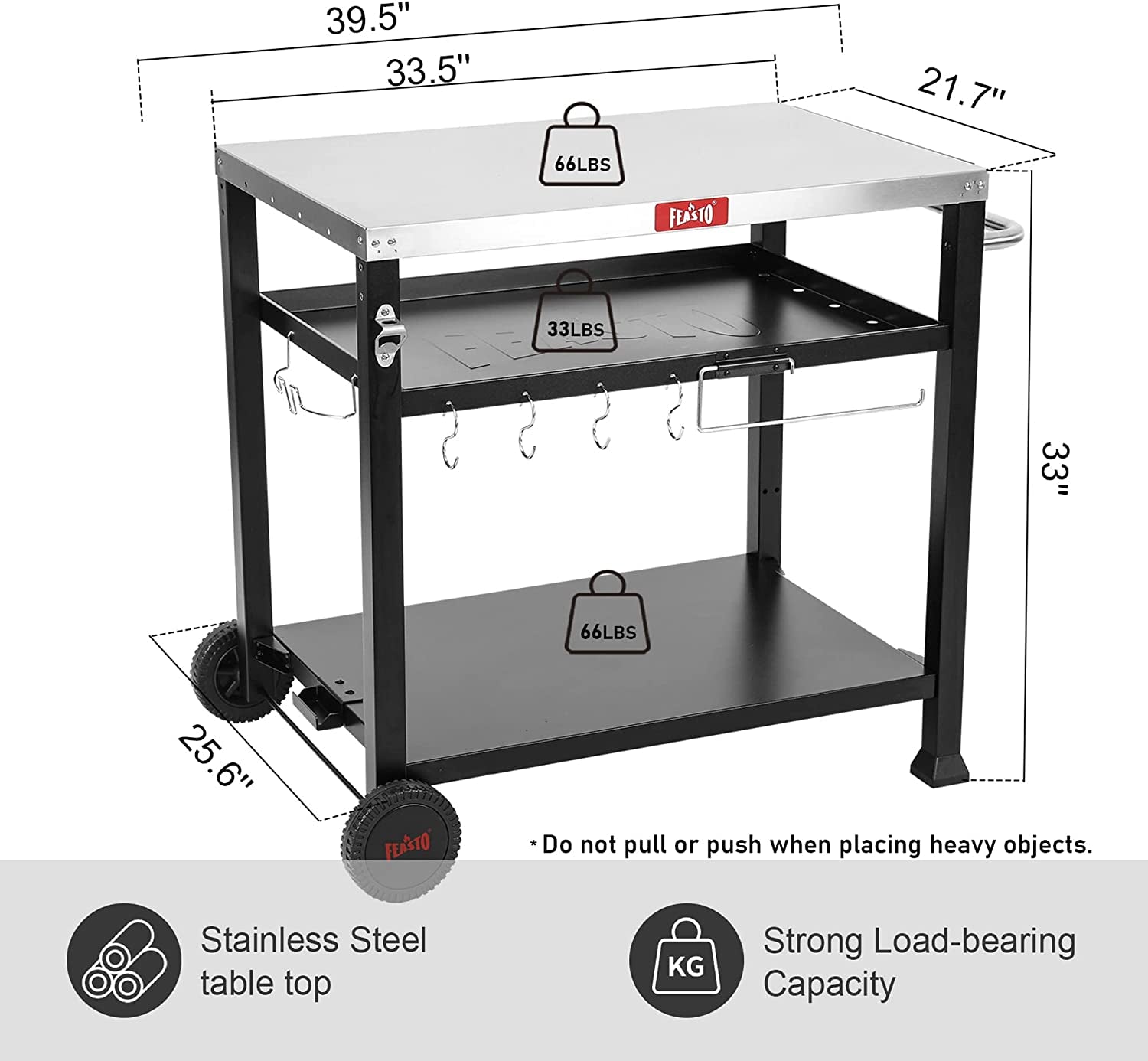 3-Shelf Movable Food Prep and Pizza Oven Table. BBQ Grilling Table. Home & Outdoor Multifunctional Stainless Steel Table Top Worktable on 2 Wheels. L39.5 X W25.6 X H33 - Image 2