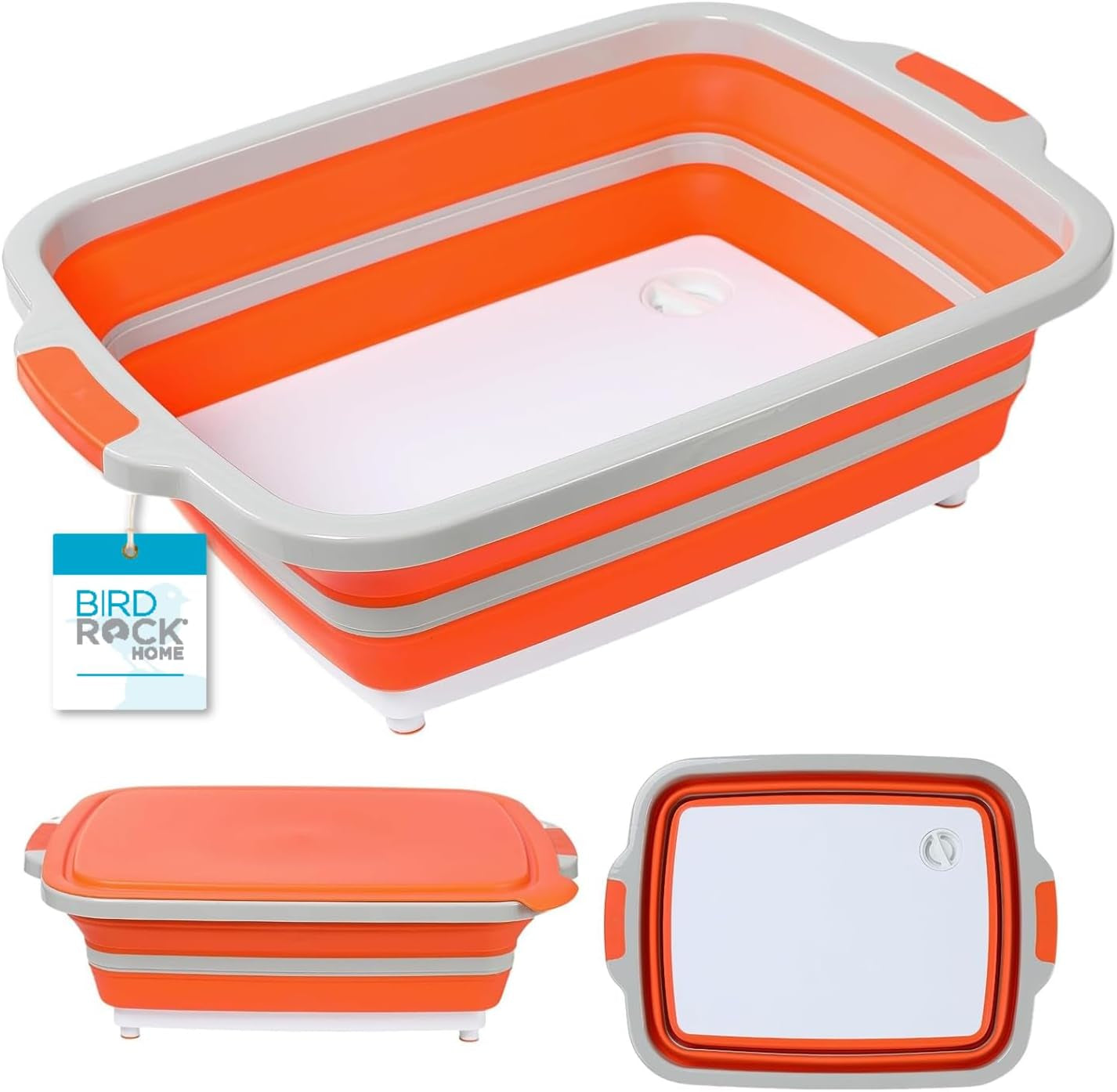BIRDROCK HOME Large BBQ Collapsible Food Prep & Cutting Board and Grill Caddy Tub with Colander & Lid | 12.4 Quarts | Kitchen Veggie Washing Basket | Silicone Dish Bowl for Picnic. Tailgate. Camping