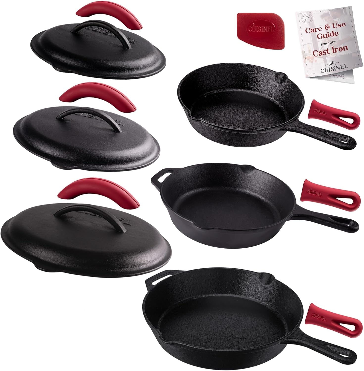 Cuisinel Cast Iron Skillets Set with Lids - 8+10+12-Inch Pre-Seasoned Covered Frying Pan Set + Silicone Handle and Lid Holders + Scraper/Cleaner - Use Cookware Indoor/Outdoor. Oven. Stovetop. Fire - Image 8