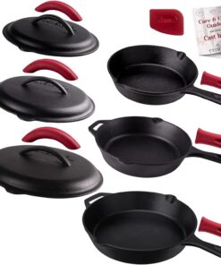 Cuisinel Cast Iron Skillets Set with Lids - 8+10+12-Inch Pre-Seasoned Covered Frying Pan Set + Silicone Handle and Lid Holders + Scraper/Cleaner - Use Cookware Indoor/Outdoor. Oven. Stovetop. Fire