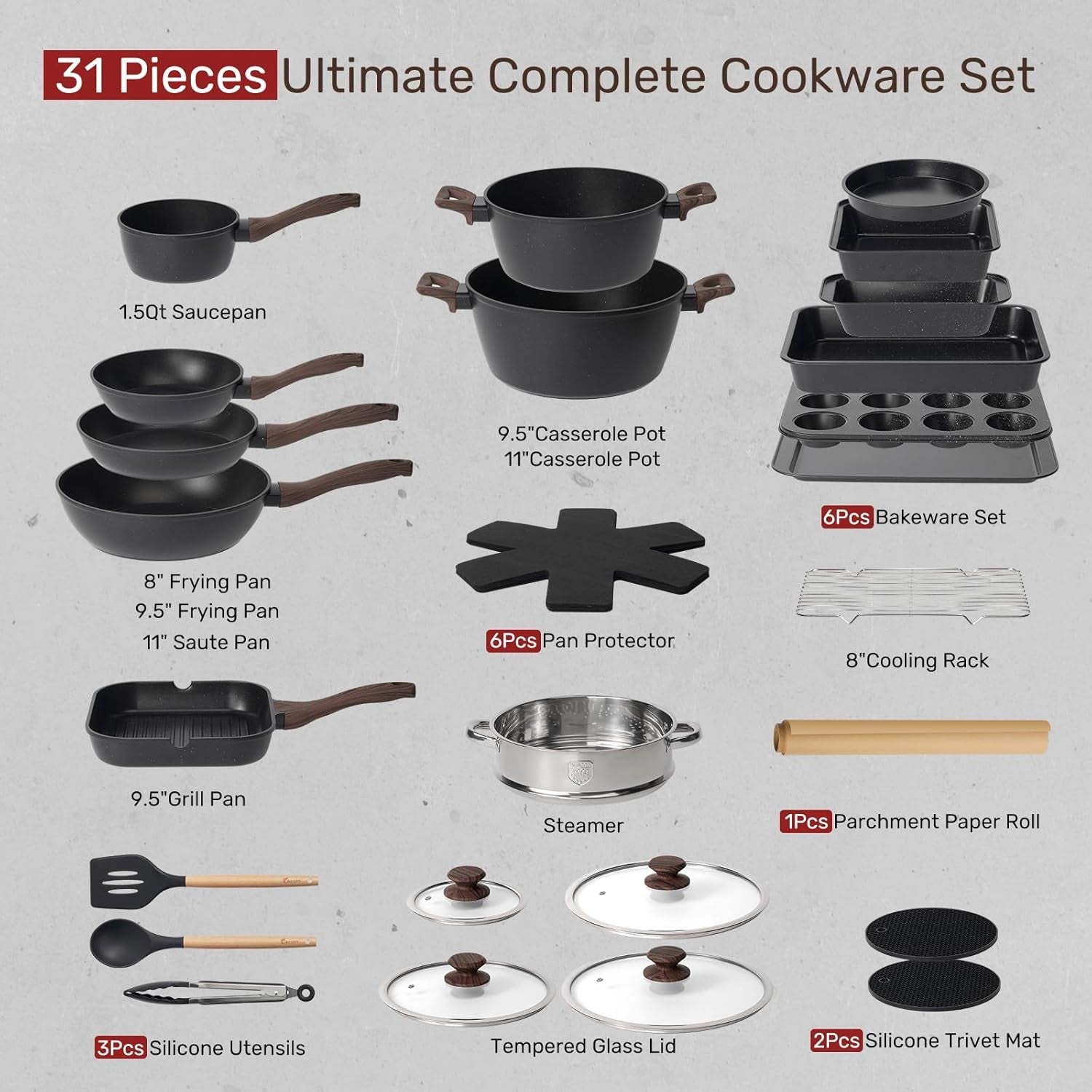 Kikcoin Pots and Pans Set Non Stick 31 Piece Kitchen Nonstick Cooking Cookware Sets with Grill Pan Saucepan Baking Sheet Utensil - Image 2