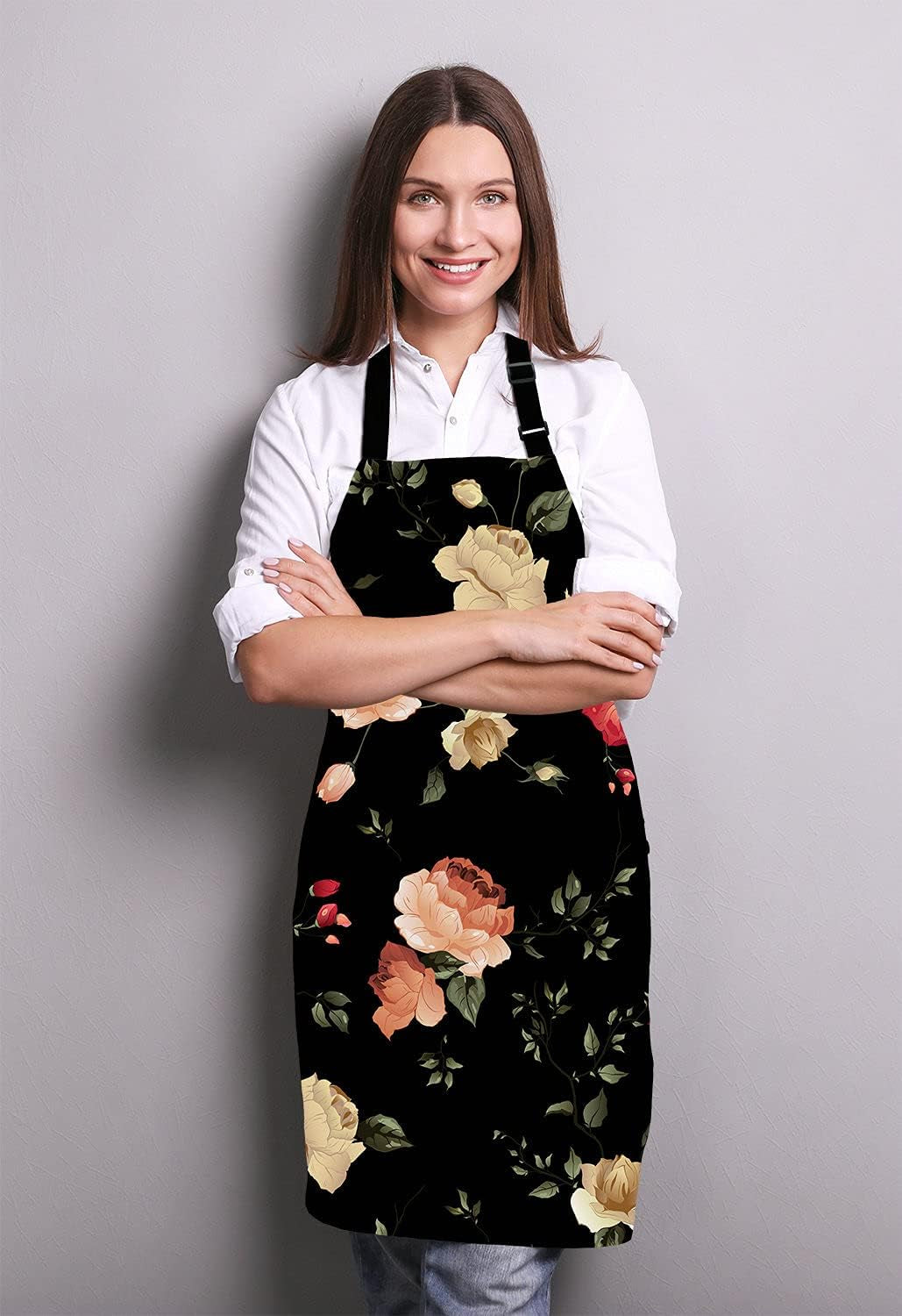 Watercolor Floral Pattern with of Roses Adjustable Bib Apron Kitchen Cooking Baking Gardening Apron for Women Men - Image 3