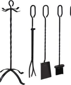 Sunnydaze 4-Piece Fireplace Tool Set with Stand - Heavy-Duty Black Steel Poker. Shovel. Log Grabber and Broom