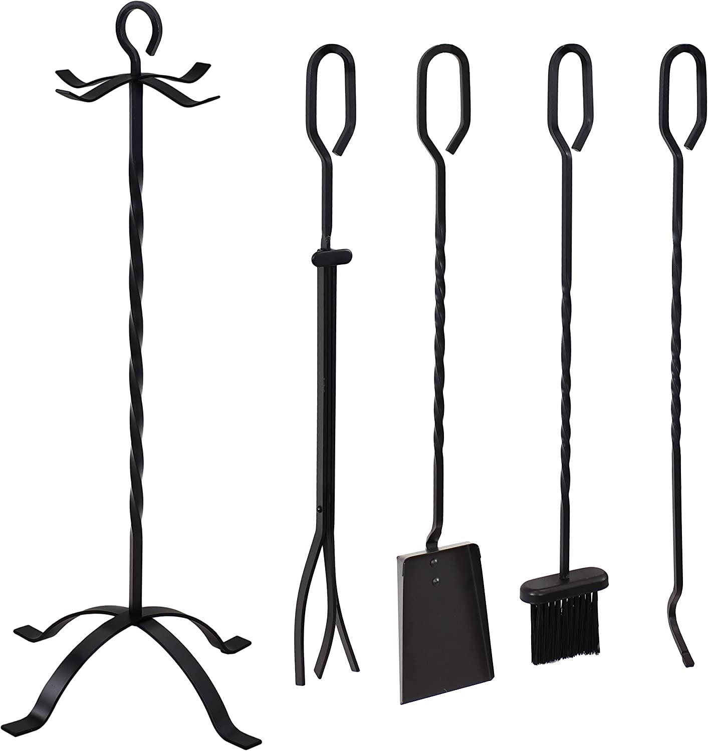 Sunnydaze 4-Piece Fireplace Tool Set with Stand - Heavy-Duty Black Steel Poker. Shovel. Log Grabber and Broom