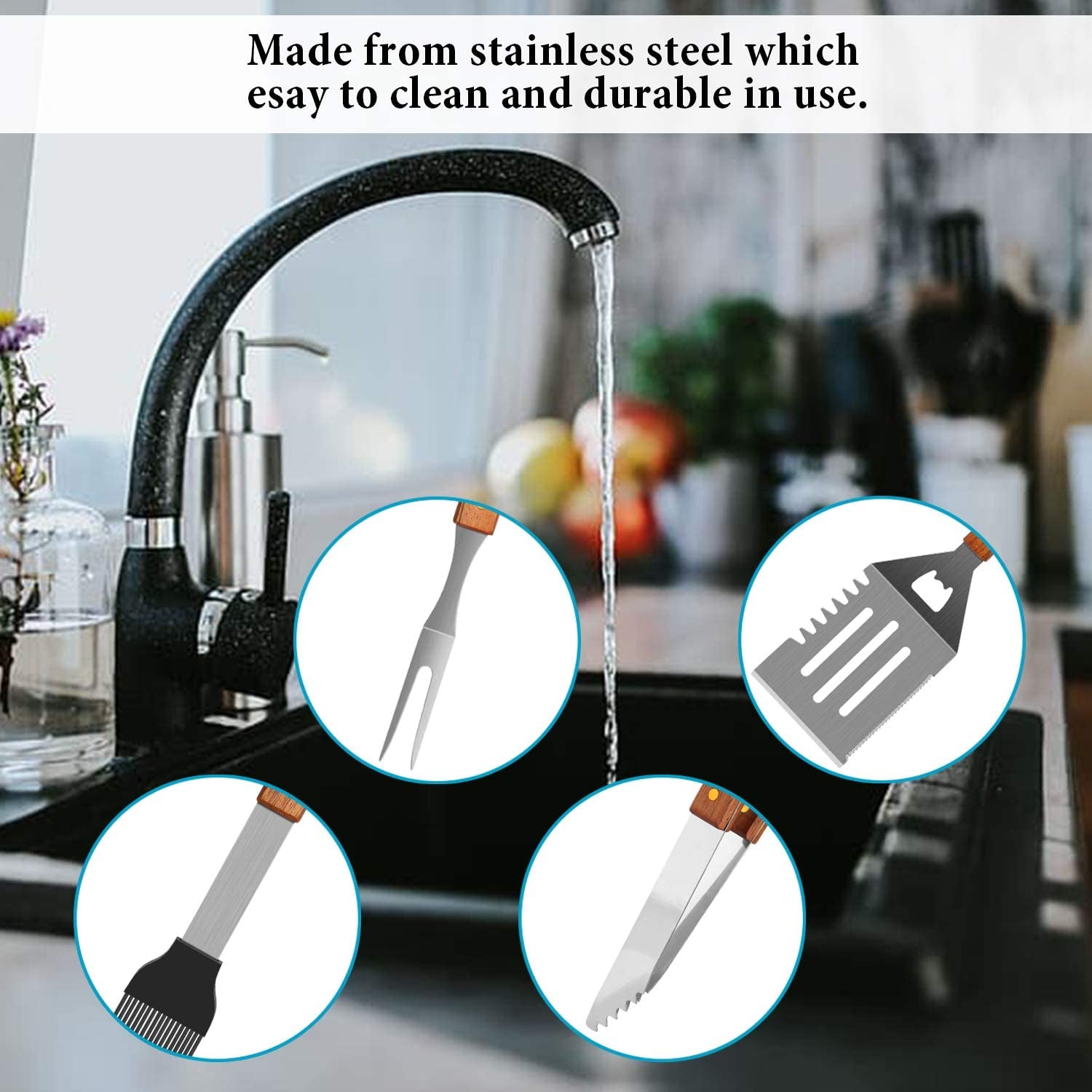 Wooded BBQ Accessories Grilling Tools.Stainless Steel BBQ Tools Grill Tools Set for Cooking. Backyard Barbecue & Outdoor Camping Gift for Man Dad Women Barbecue Enthusiasts Set of 4 - Image 8