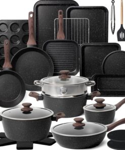 Kikcoin Pots and Pans Set Non Stick 31 Piece Kitchen Nonstick Cooking Cookware Sets with Grill Pan Saucepan Baking Sheet Utensil