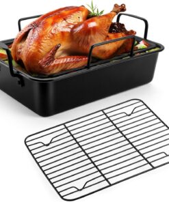 14-In Nonstick Turkey Roasting Pan with Rack Set. Joyfair Chicken Roaster Pan with Flat Rack & Removable V-Rack. Heavy Duty Rectangular Oven Bakeware with Non-Toxic Coating. Easy Releasing & Cleaning