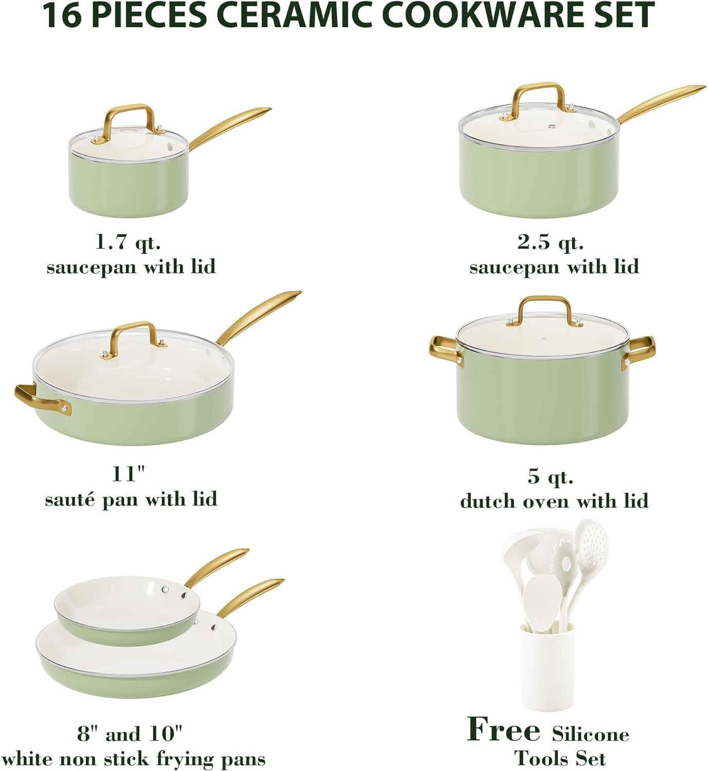 Pots and Pans Set Non Stick - VONIKI Ceramic Cookware Set with Cooking Utensils Set. Non Toxic Kitchen Cookware Sets Dutch Oven Pot with Lid Saucepan Set Sauté Pan Frying Pan Set for Cooking Gifts - Image 2