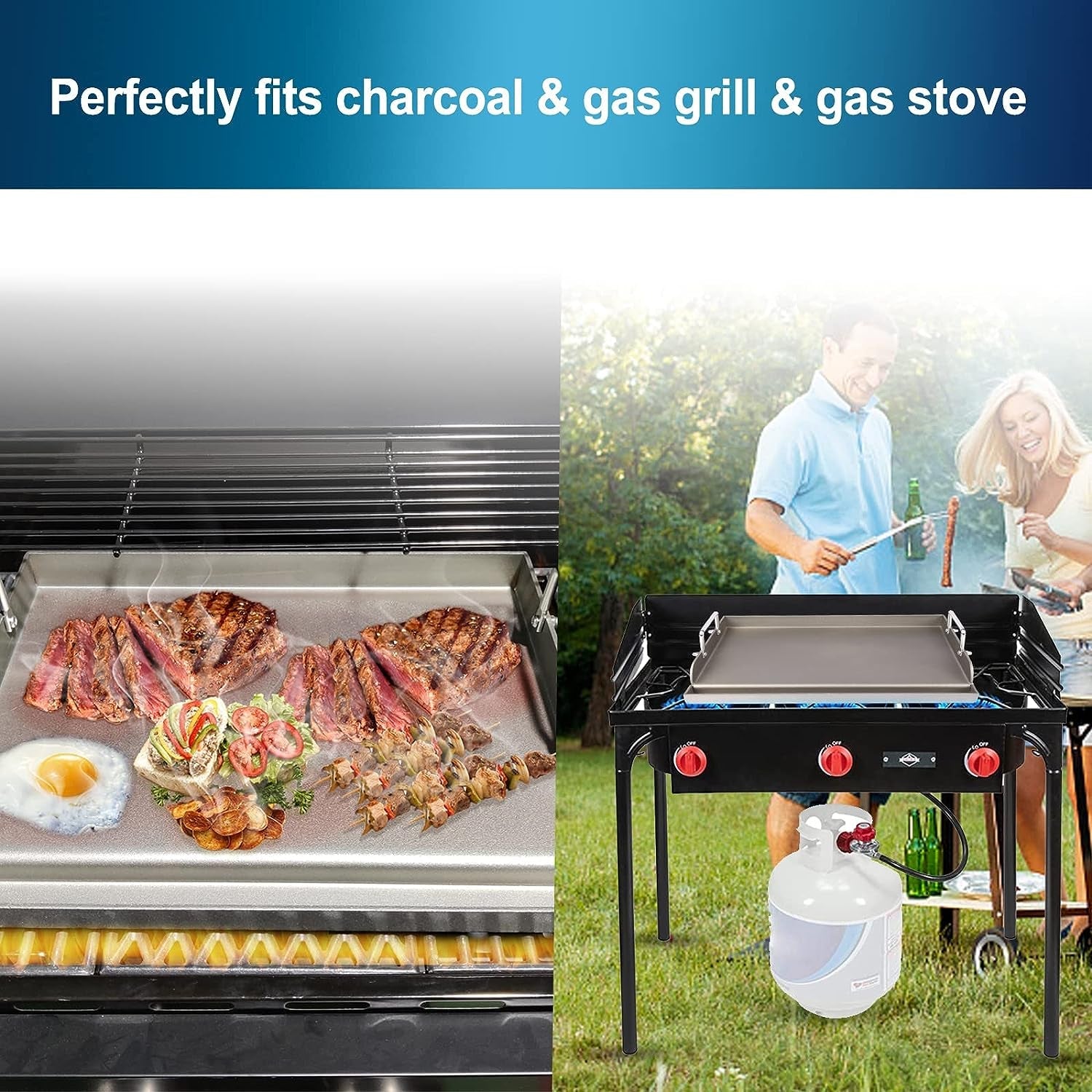 Universal Fry Griddle for Gas Grill. 25X 16 Metal Cooking Griddle Pan Large Flat Top Plate for Gas Stove. Charcoal Electric Grills Fits Camping Stove Outdoor Tailgating Parties Grilling - Image 2