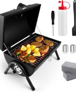 Portable Charcoal Grill Set of 9. Hasteel Small Compact BBQ Grill. Mini Folding Outdoor Grill with Chimney. Tabletop Grill & Grilling Accessories for Barbecue Camping Picnic. Screwdriver & Thermometer