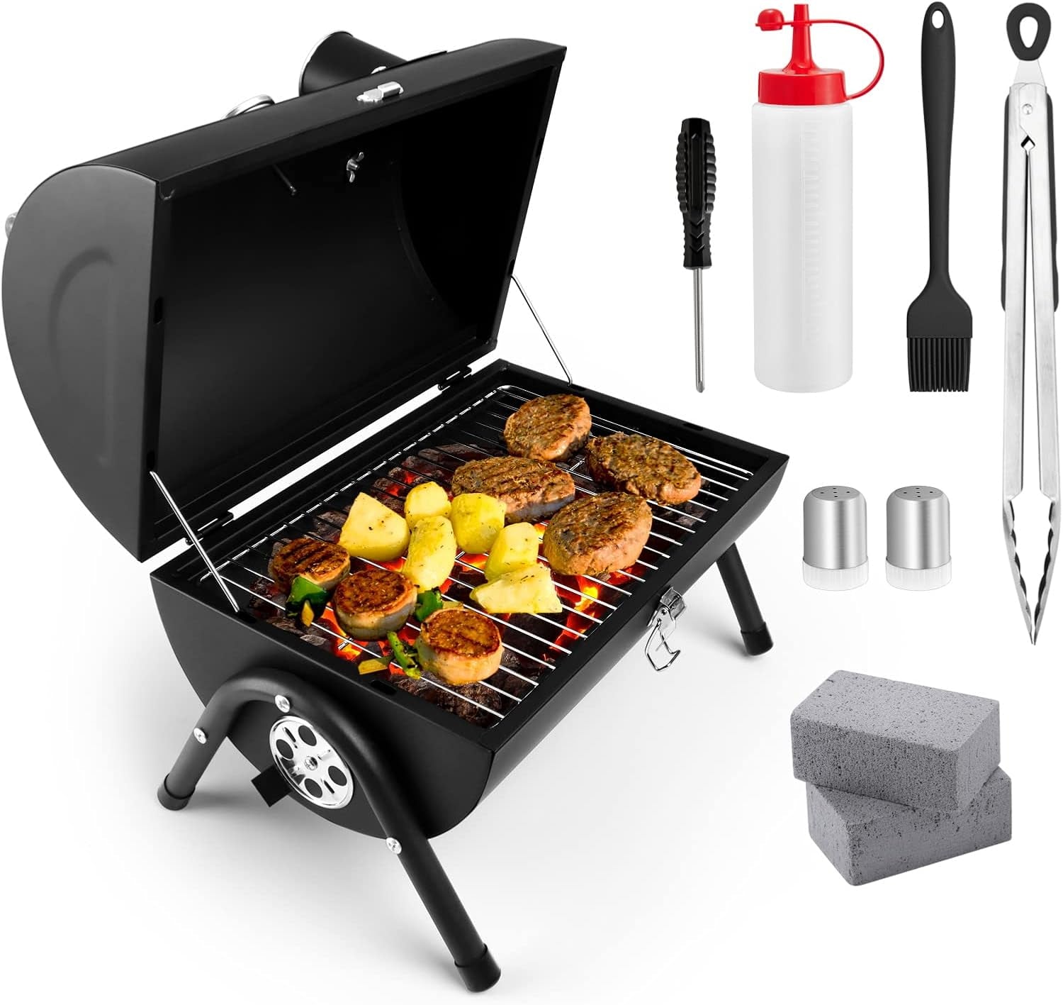 Portable Charcoal Grill Set of 9. Hasteel Small Compact BBQ Grill. Mini Folding Outdoor Grill with Chimney. Tabletop Grill & Grilling Accessories for Barbecue Camping Picnic. Screwdriver & Thermometer
