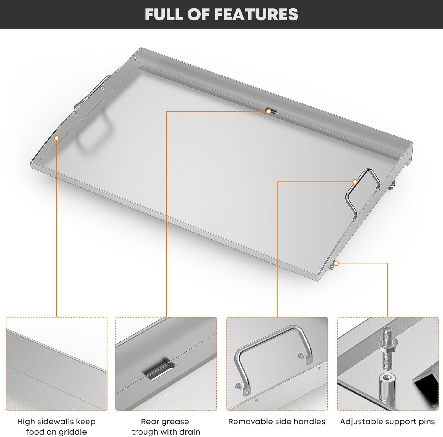 28 Inch Stainless Steel Griddle. Flat Top Griddle Replacement Top for Blackstone 28 2-Burner Gas Grill Cooking Station. Griddle Top Replacement with Rear Grease System - Image 4