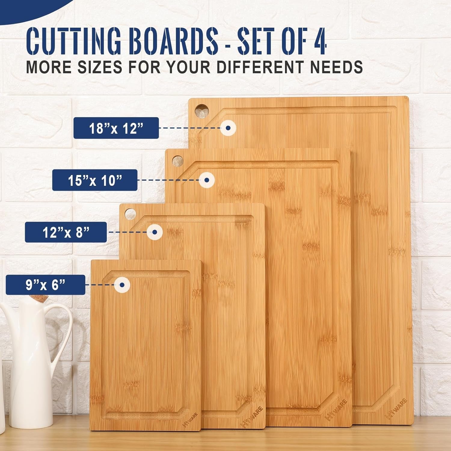 Hiware 4-Piece Extra Large Bamboo Cutting Boards Set for Kitchen. Heavy Duty Cutting Board with Juice Groove. Bamboo Chopping Board Set for Meat. Vegetables - Pre Oiled - Image 2