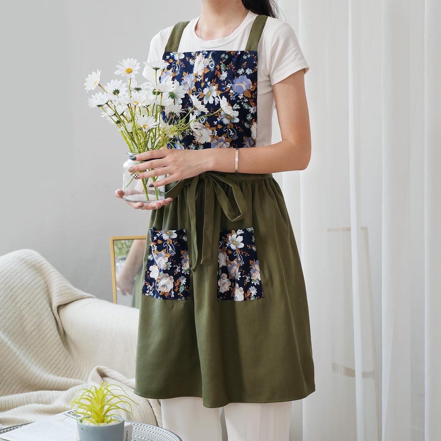 Vintage Pinafore Apron Dress for Women with Pockets Cute Floral Chef Aprons for Kitchen Cooking Baking Gardening - Image 7