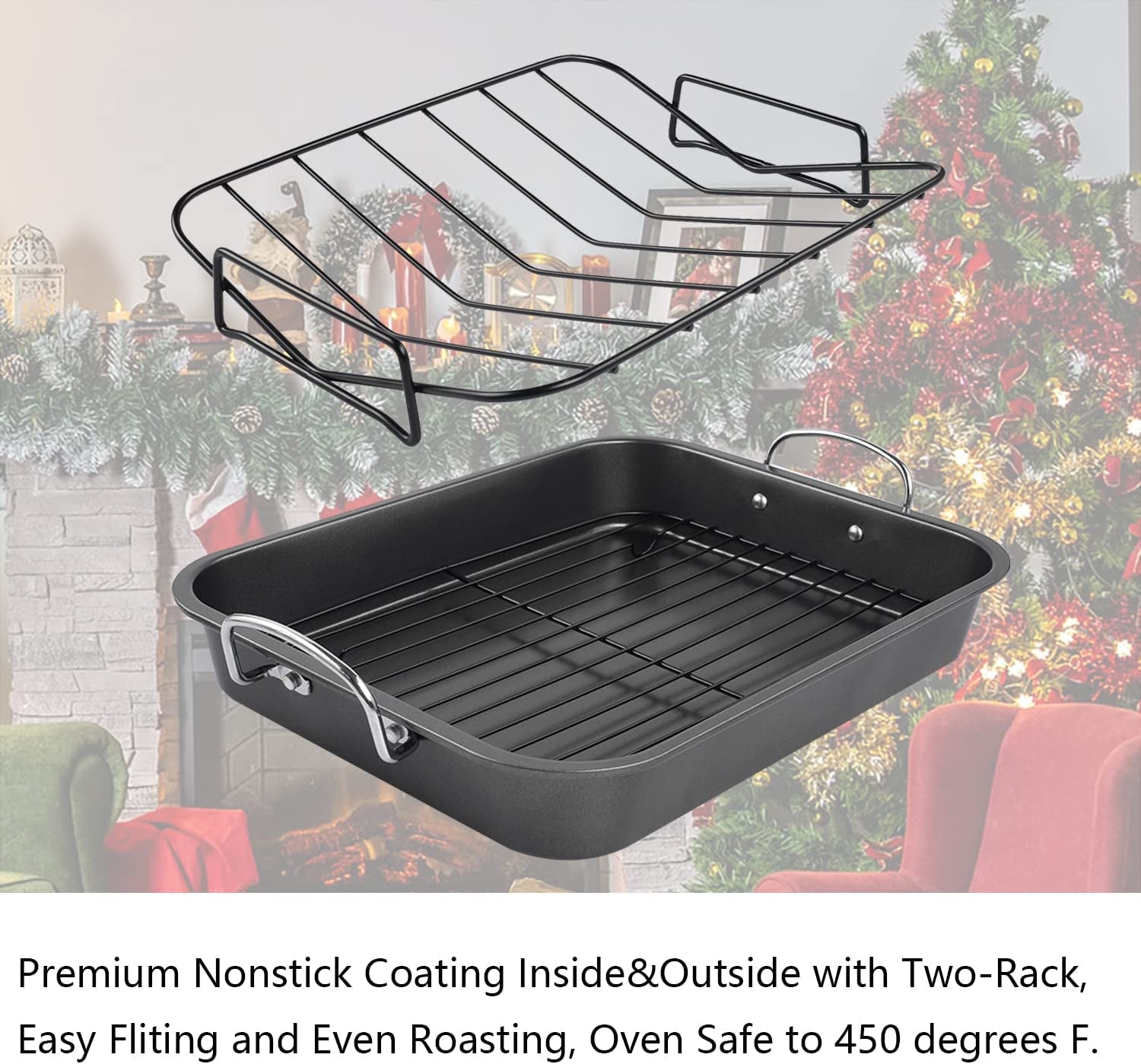 Kitcom Nonstick Roasting Pan with Rack. 16 Inch X 11.5 Inch Rectangular Roaster Set for Roasting Turkey. Chicken. Meat and Veggies. Gray - Image 6