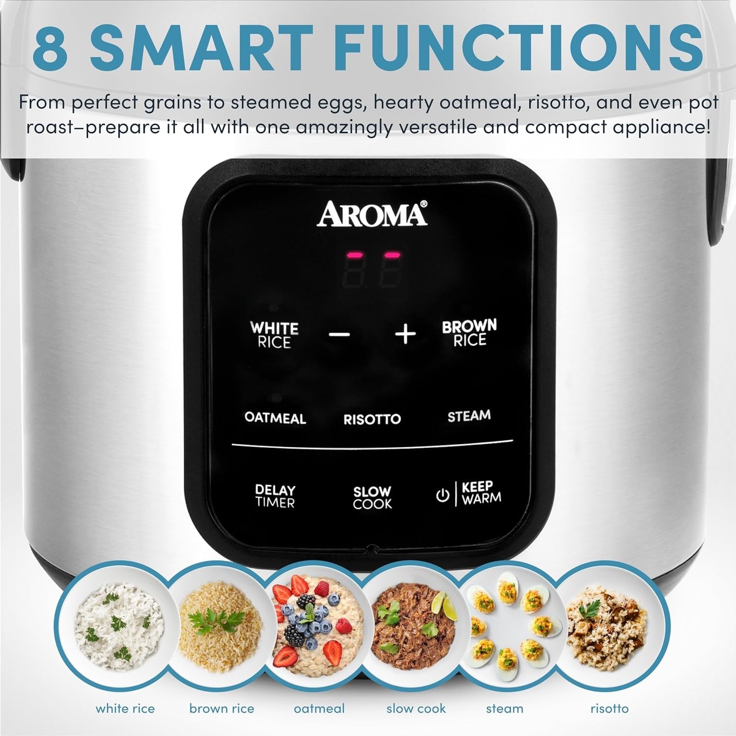 AROMA® Digital Rice Cooker. 4-Cup (Uncooked) / 8-Cup (Cooked). Steamer. Multicooker. Slow Cooker. Oatmeal Cooker. Auto Keep Warm. 2 Qt. Stainless Steel Exterior - Image 4