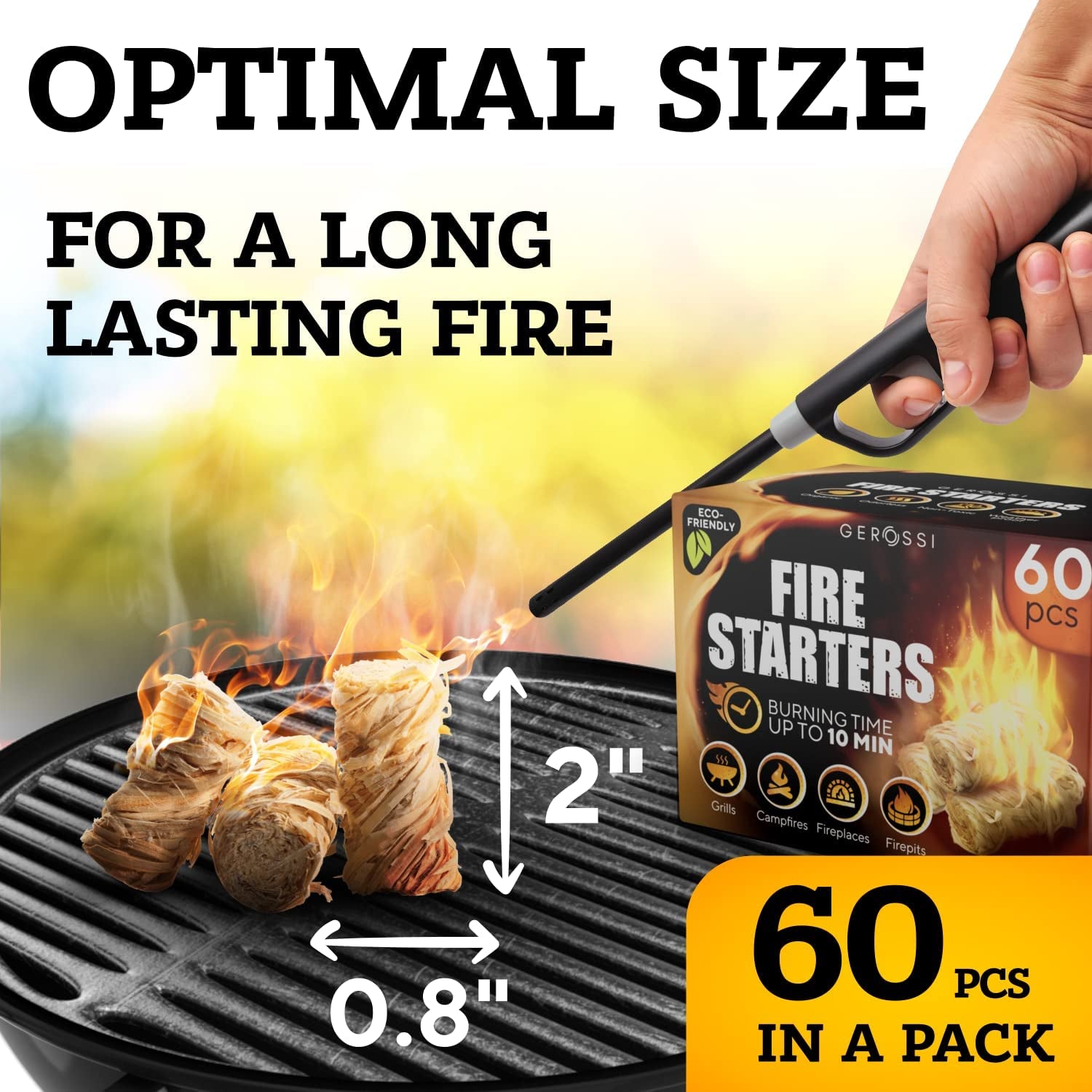 Fire Starter - Natural Pine Fire Starters for Fireplace. Campfires. Grill. Wood & Pellet Stove. Chimney. Fire Pit. BBQ. Smoker - 60 Pack W/10 Min Burning Time - All Weather & Odorless Firestarter - Image 2