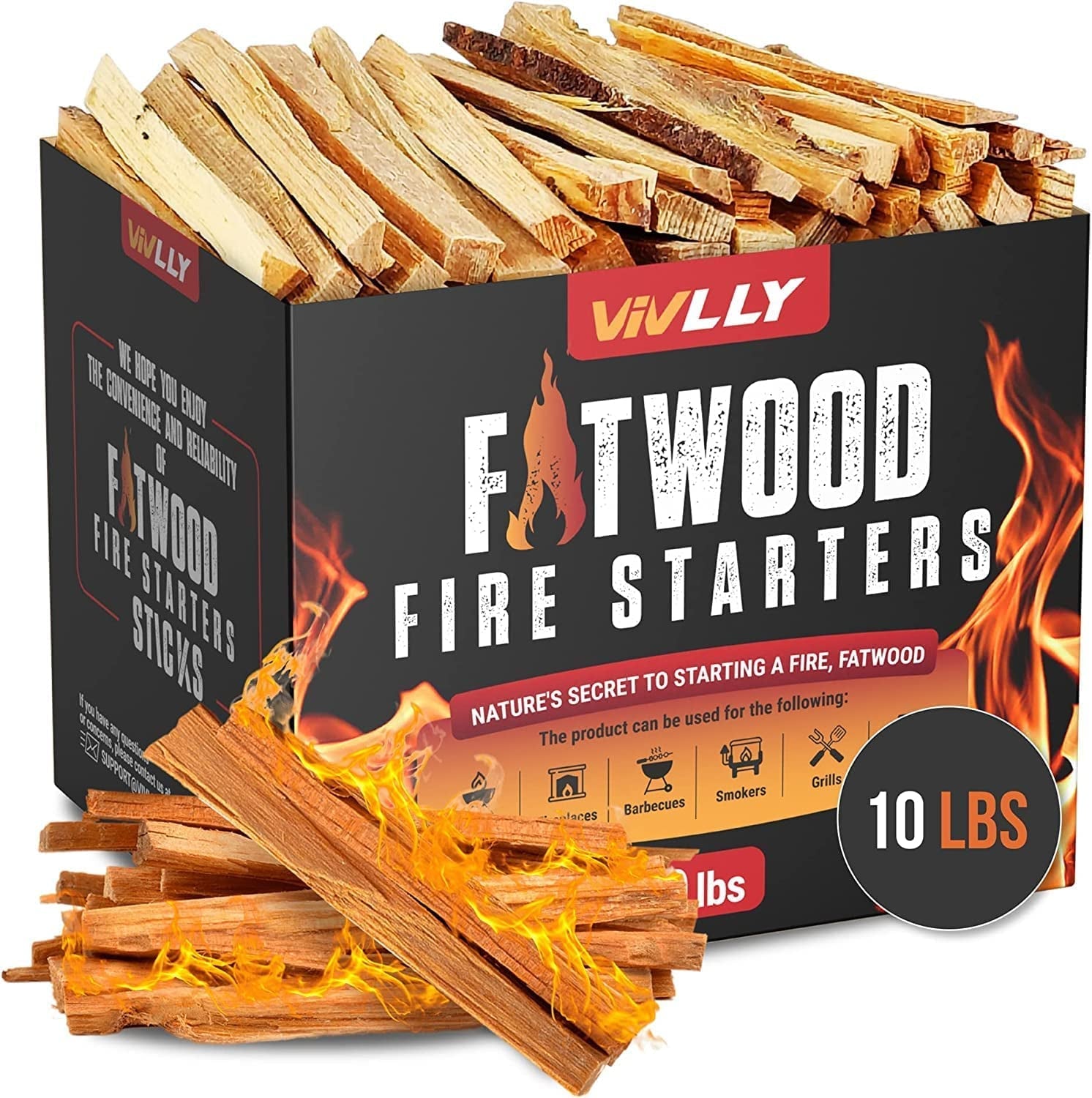 Vivlly 10Lb Fatwood Fire Starter Pack – Starter Wood for Fireplace – Small Wood Logs for Campfire Stove. Grilling & Cooking – Firewood Lighter Kindling Sticks – Firepit Burning & Camping Accessories
