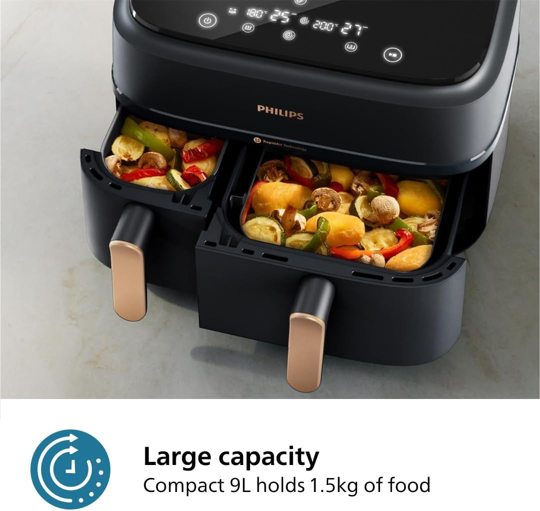 Philips Dual Basket Air Fryer 3000 Series. 8-In-1 Functions. 9.5 Quarts. 2 Drawers. Auto-Sync Cooking Time. 90% Less Fat. Rapid Air Technology. Homeid Recipe App. Dishwasher Safe. Black. (NA350/00) - Image 6
