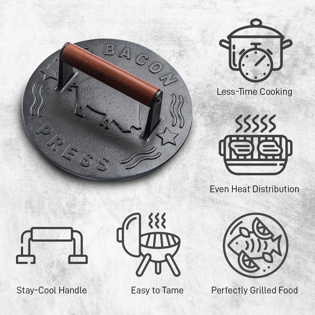 Bellemain Bacon Press 8.5-Inch round | Heavy-Duty Cast Iron Grill Press for Perfectly Seared Bacon. Steak & Sandwiches | Equalized Weight Distribution | Food-Grade Press with Wood Handle | 3 Lbs - Image 5