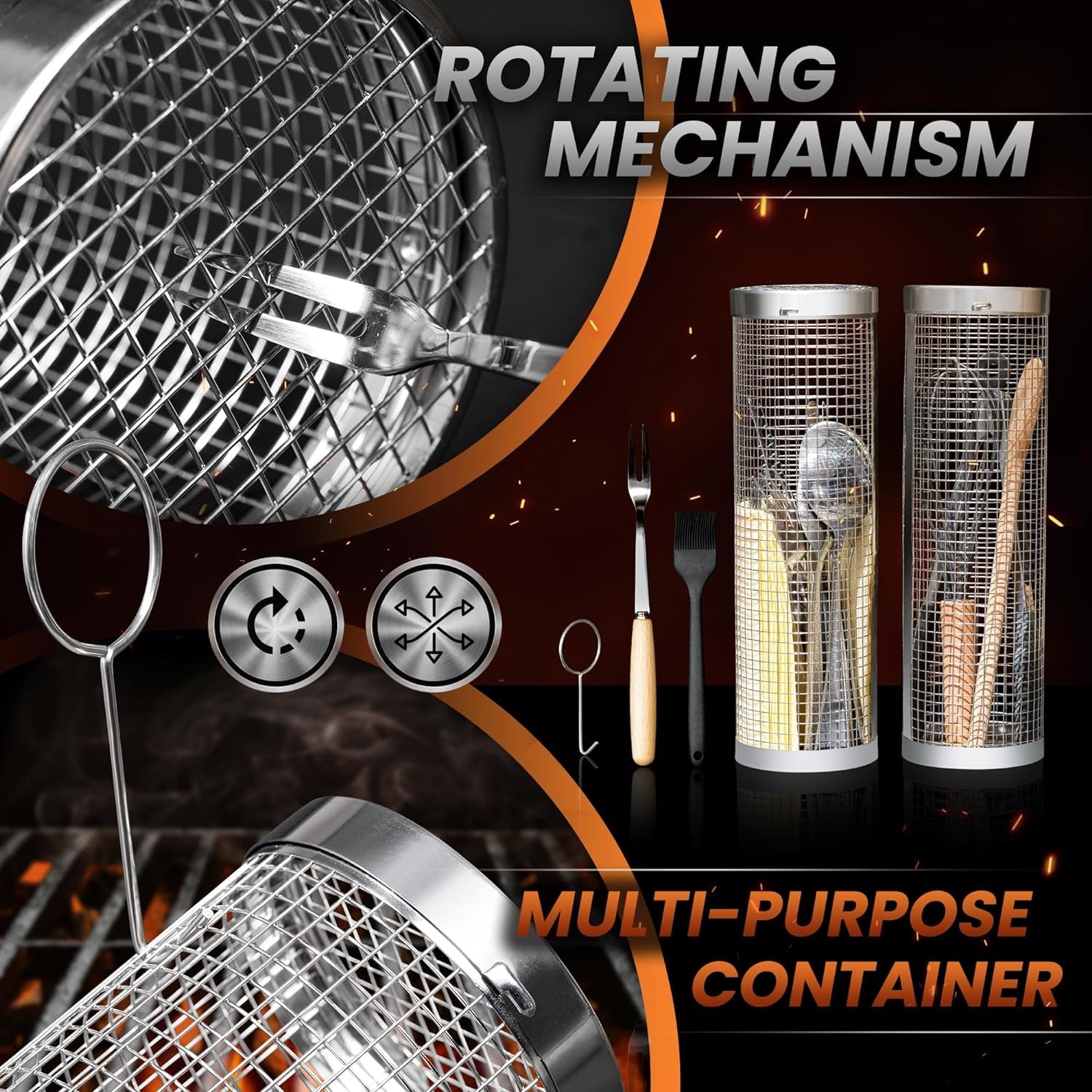 Rolling Grill Basket Set - Two BBQ Grilling Baskets. One Oil Brush. Fork and Hook. BBQ Grilling Accessories Set - Perfect Grill Accessories for Outdoor Grill or Campfire Grill Grate. Grill Pan Grill Tools Grilling Gifts - Image 4