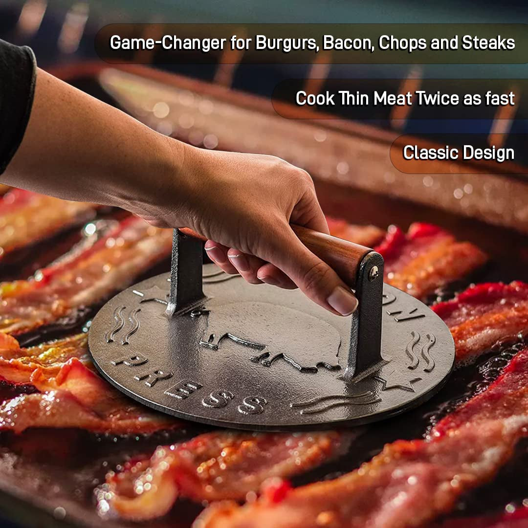 Bellemain Bacon Press 8.5-Inch round | Heavy-Duty Cast Iron Grill Press for Perfectly Seared Bacon. Steak & Sandwiches | Equalized Weight Distribution | Food-Grade Press with Wood Handle | 3 Lbs - Image 3