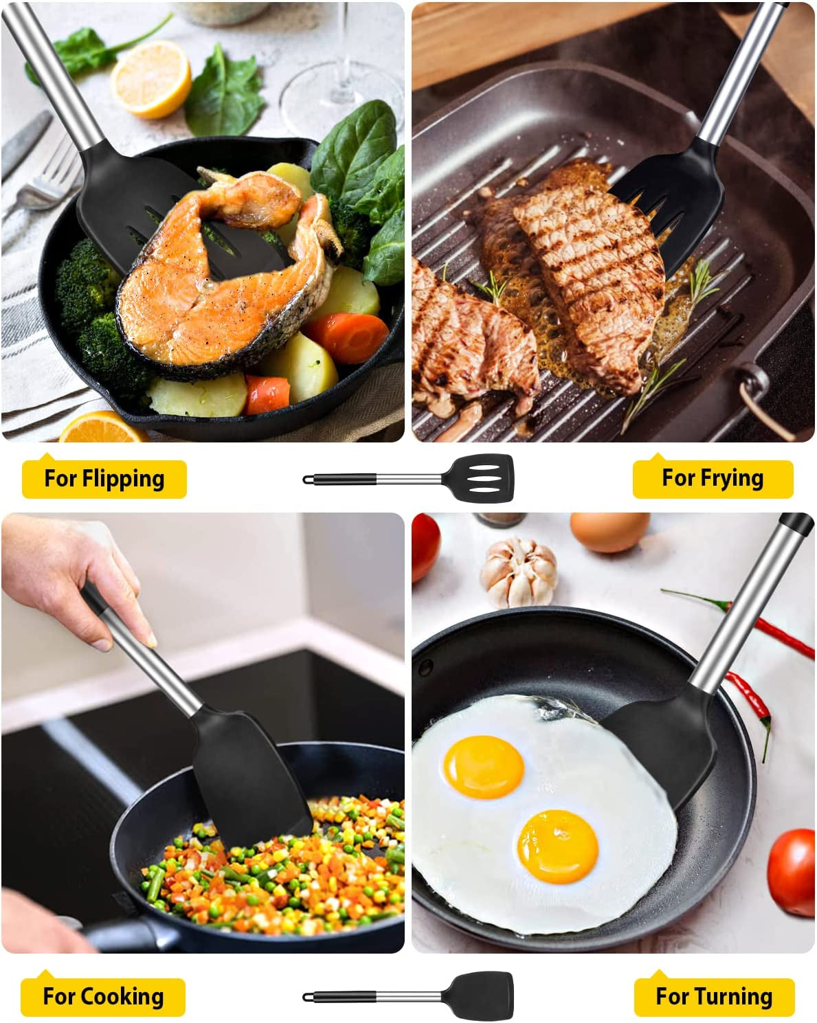 Pack of 2 Silicone Solid Turner.Non Stick Slotted Kitchen Spatulas.High Heat Resistant BPA Free Cooking Utensils.Ideal Cookware for Fish.Eggs.Pancakes (Black) - Image 3