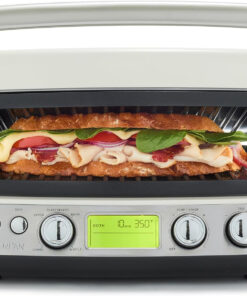 Elite 7-In-1 Multi-Function Contact Grill & Griddle. Healthy Ceramic Nonstick Aluminum. Two Sets of Grill & Waffle Plates. Adjustable Shade & Shear. Closed Press/Open Flat Surface.Cream White