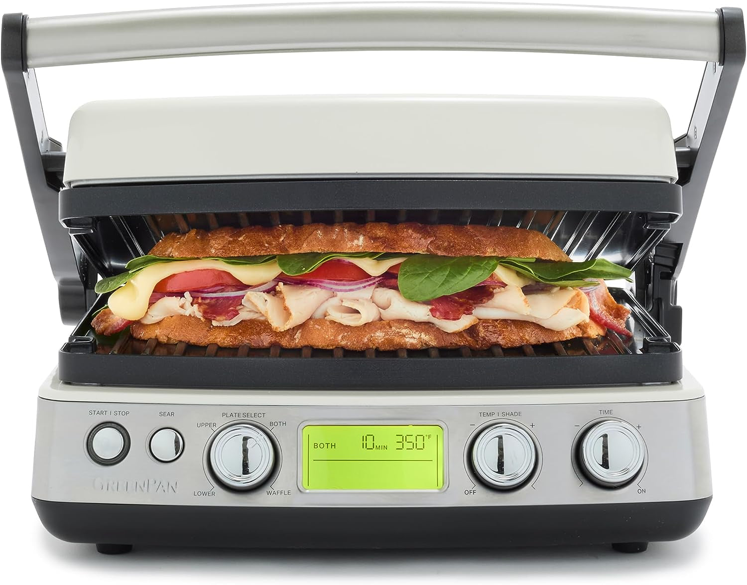 Elite 7-In-1 Multi-Function Contact Grill & Griddle. Healthy Ceramic Nonstick Aluminum. Two Sets of Grill & Waffle Plates. Adjustable Shade & Shear. Closed Press/Open Flat Surface.Cream White