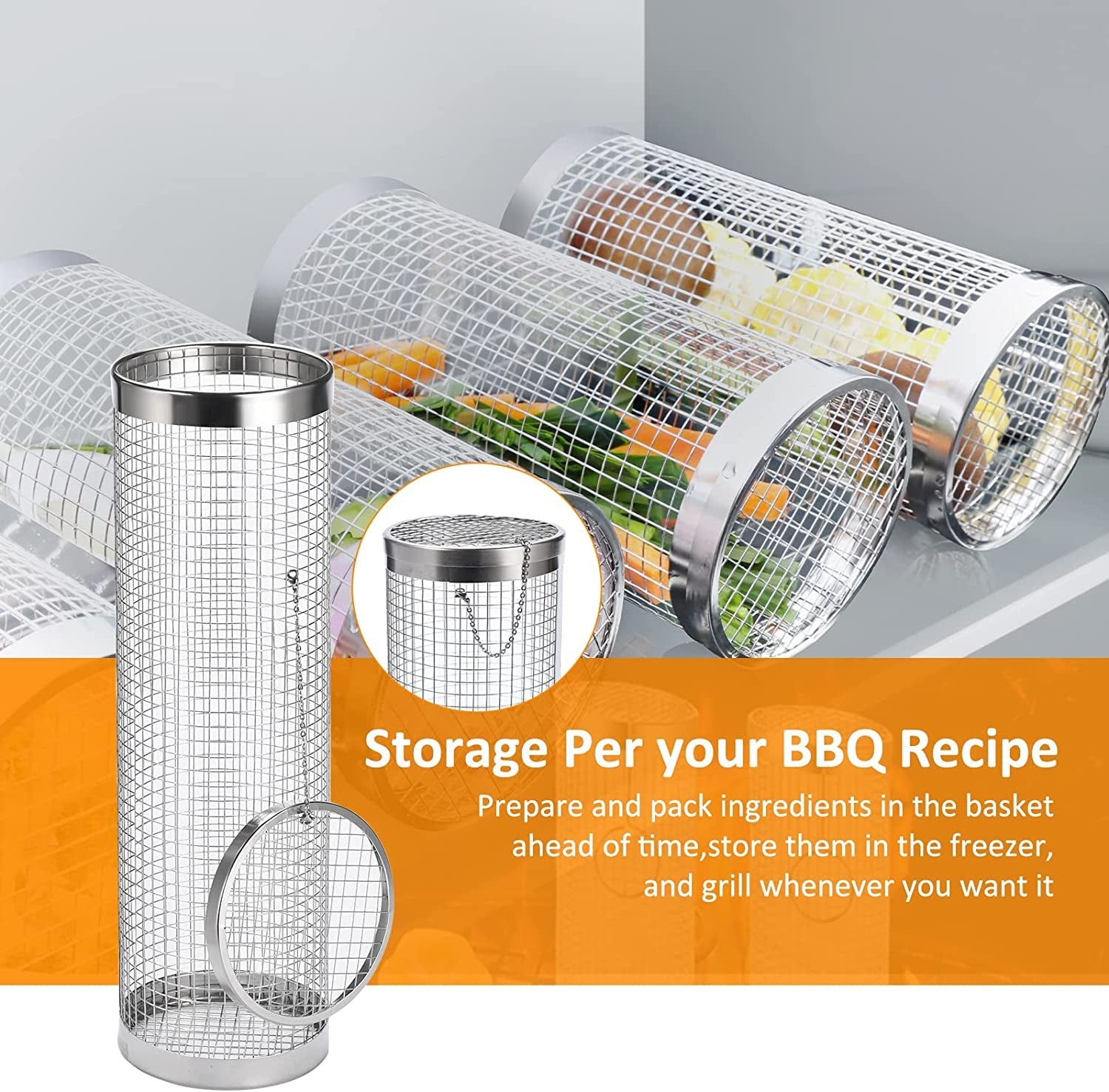 Grill Basket 2 PCS. BBQ Grill Basket. Rolling Grilling Basket. Stainless Steel Grill Mesh Barbeque Grill Accessories. Portable Grill Baskets for Outdoor Grill for Fish. Shrimp. Meat. Vegetables. Fries - Image 4