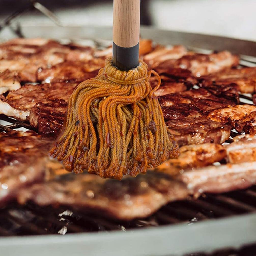 Amosfun Mop Grill Basting Mop 2Pcs Long Wood Handle BBQ Sauce Brushes Cotton Fiber Heads Barbecue Mop for Roasting Grilling Steak Brush - Image 2