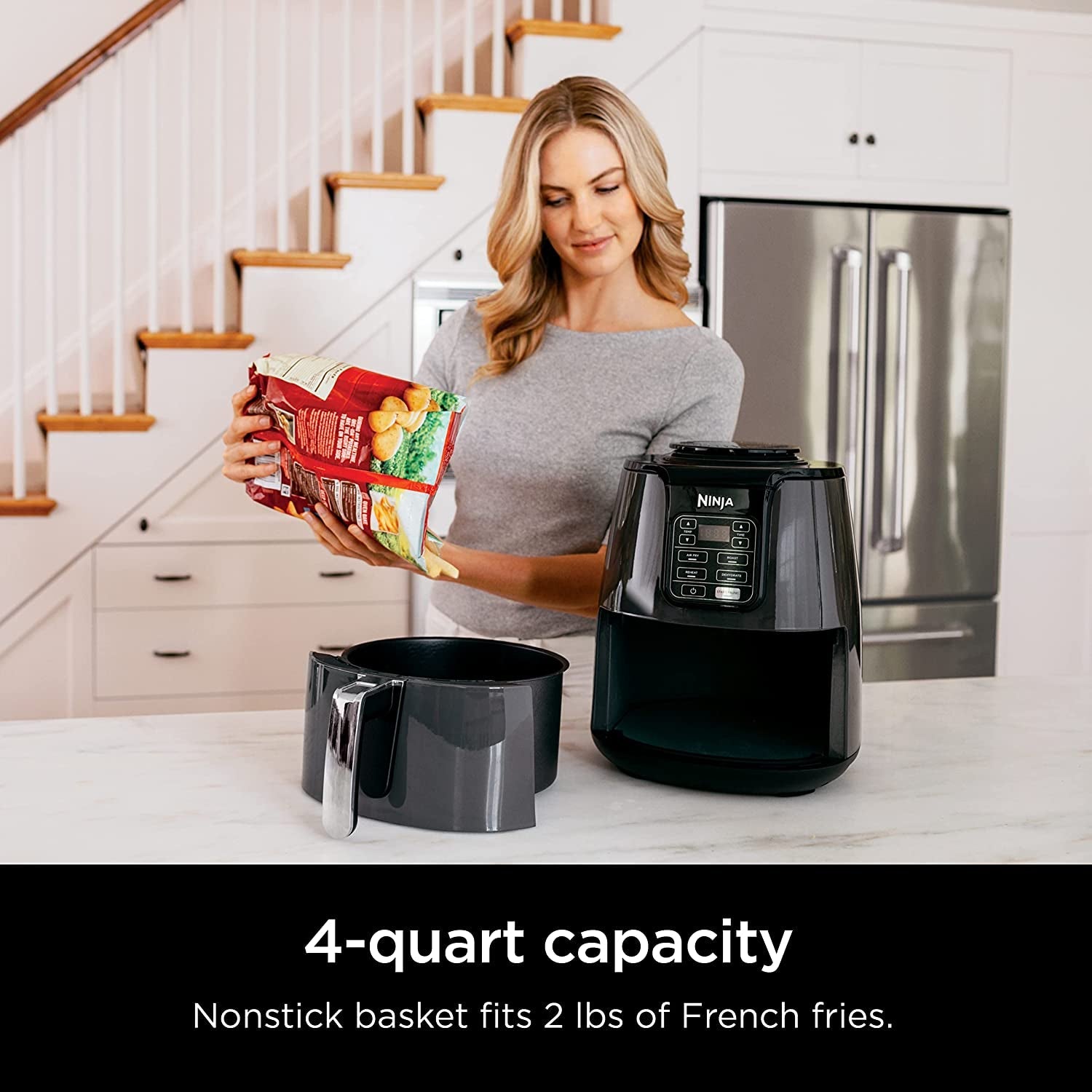 Ninja Air Fryer. Roast. Bake. Air Fry. Roast. Broil. Reheats. & Dehydrates. 4-In-1. Fries. Frozen Food. Veggies. and Juicy Meat. Less Oil. Easy Meals. Healthy Meals. Compact. 4 QT. Grey. AF101 - Image 2